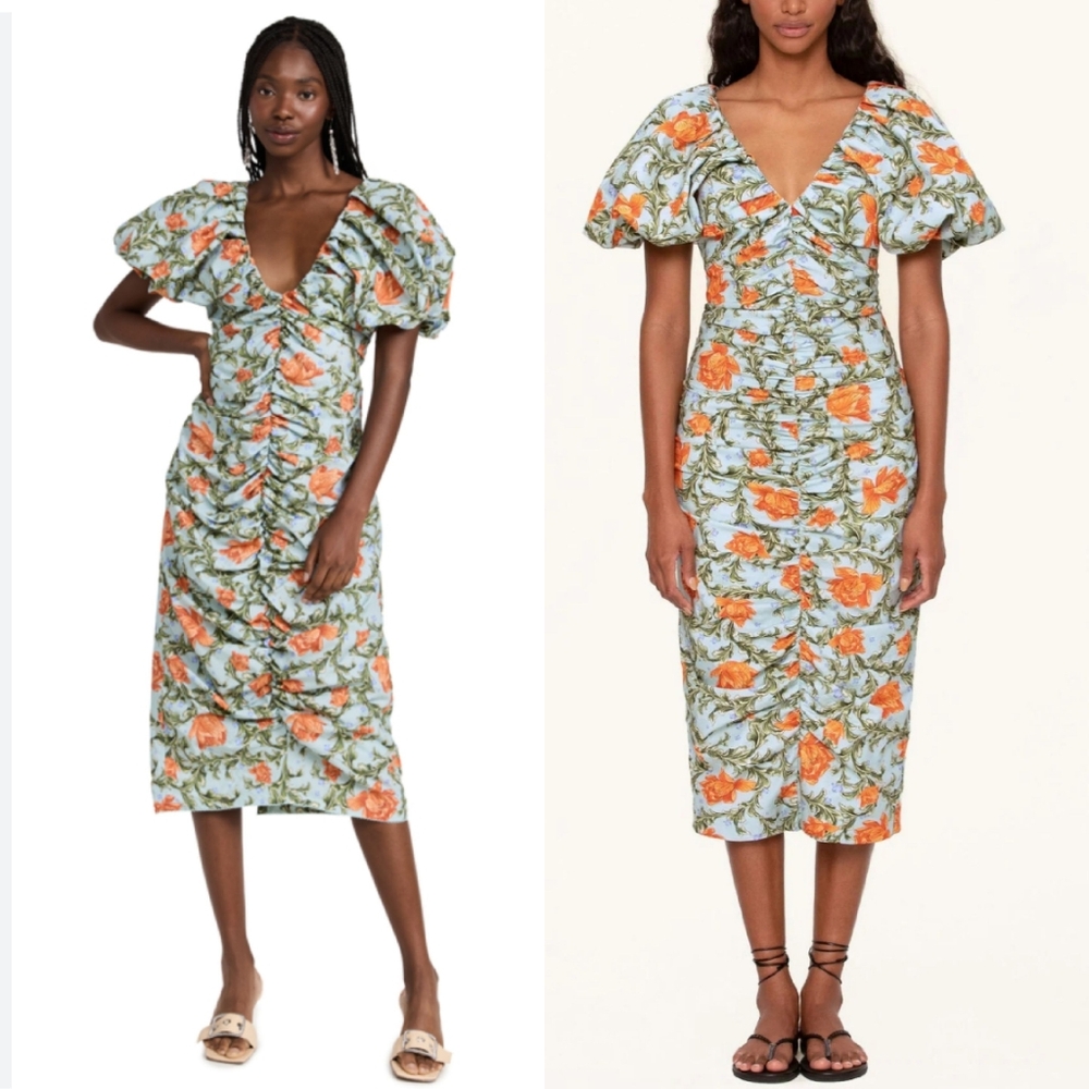 NWT Agua by Agua Bendita Camelia Peonia Atardecer Ruched Midi Dress Large - Picture 2 of 14